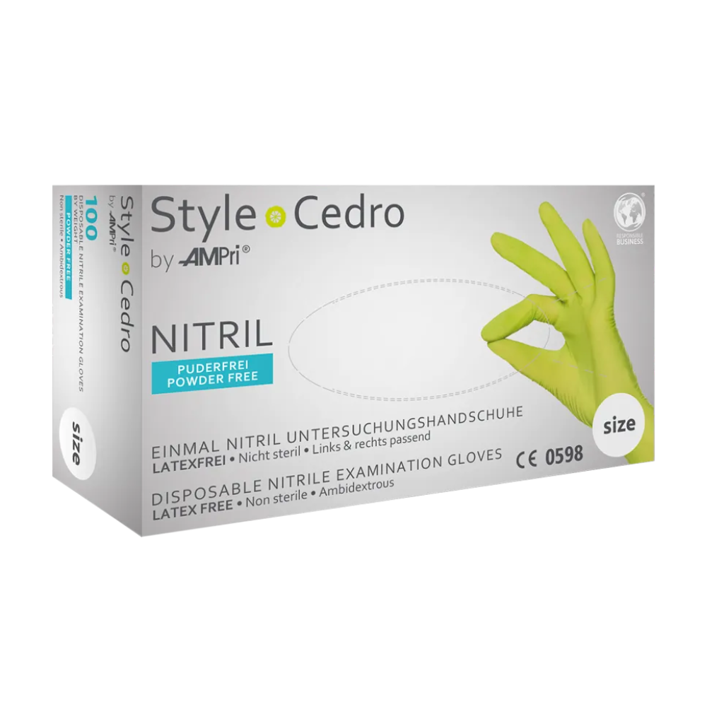 AMPri STYLE CEDRO nitrilmentes kesztyű MED-COMFORT, zöld eldobható vizsgálókesztyű nitrilből, közepes méret, latexmentes, sterilizálatlan, kétkezes és púdermentes. A doboz egy kesztyűs kezet mutat, amely az „OK” jelet mutatja, és a termék részletei németül (nitrilmentes kesztyű) és angolul szerepelnek.