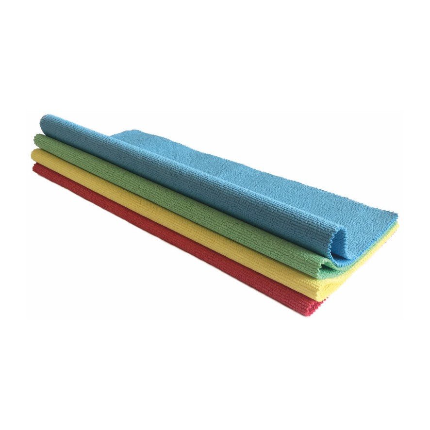 Négy Arcora STRONG-LINE-PU MIKROSZÁLAS KENDŐ (40 x 30 cm) az Arcora International GmbH-tól kék, zöld, piros és sárga színben összehajtva és fehér háttér előtt egymásra rakva.