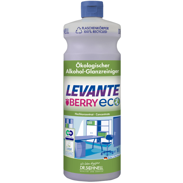 Egy 1 literes Dr. Schnell Levante Berry ECO a DR.SCHNELL GmbH & Co. KGaA-tól zöld kupakkal, újrahasznosított műanyag címkével, bogyós illattal és irodai, valamint konyhai ábrázolásokkal az elején van ellátva.