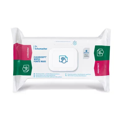 Egy csomag Dr. Schumacher Cleanisept® Wipes Forte Max (100 kendő) a Dr. Schumacher GmbH-tól, visszazárható fedéllel és zöld-rózsaszín akcentusokkal, virucid, alkoholmentes fertőtlenítést kínál fehér csomagolásban, márka- és termékmegjelölésekkel.
