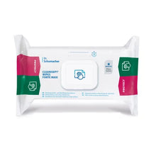 Egy csomag Dr. Schumacher Cleanisept® Wipes Forte Max (100 kendő) a Dr. Schumacher GmbH-tól, visszazárható fedéllel és zöld-rózsaszín akcentusokkal, virucid, alkoholmentes fertőtlenítést kínál fehér csomagolásban, márka- és termékmegjelölésekkel.