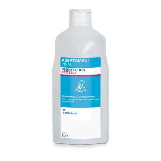 Die Dr. Schumacher Aseptoman® Virale Händedesinfektion der Dr. Schumacher GmbH in der 1-Liter-Kunststoffflasche mit blau-weißem Design und Flip-Top-Verschluss ist als viruzides und hautfreundliches Händedesinfektionsmittel gekennzeichnet.