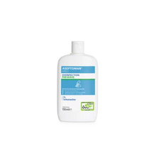 Abgebildet ist eine weiße 150-ml-Kunststoffflasche Dr. Schumacher Aseptoman® med Händedesinfektion der Dr. Schumacher GmbH mit blauem Etikett mit grünen Akzenten und weißem Flip-Top-Verschluss vor einem schlichten hellen Hintergrund.