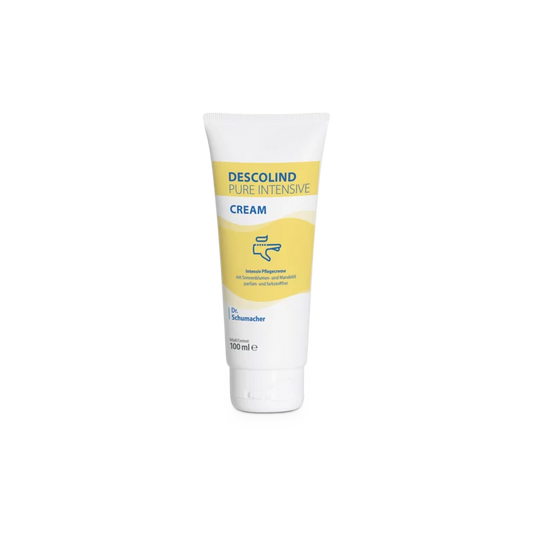 Eine 100-ml-Tube Dr. Schumacher Descolind Pure Intensivcreme der Dr. Schumacher GmbH, eine parfümfreie Intensivpflegecreme für empfindliche und trockene Haut mit gelb-weißem Etikett, steht aufrecht vor einem weißen Hintergrund.