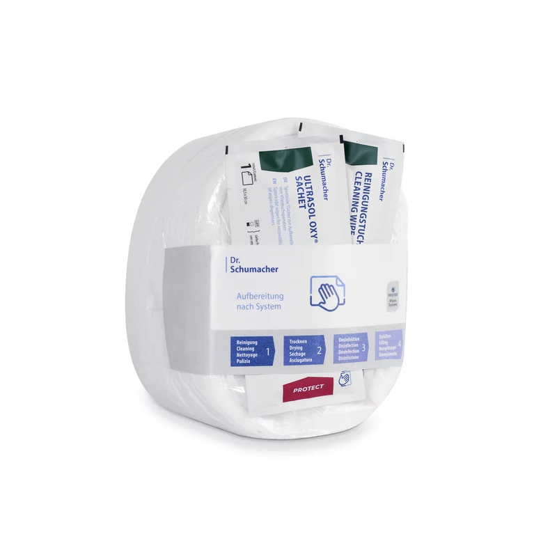 Egy csomag Dr. Schumacher GmbH Eco Wipes törlőkendő felületfertőtlenítéshez, külön csomagolt kendőkkel egy átlátszó, lekerekített műanyag tartályban, termékinformációkkal és használati utasításokkal feliratozva.