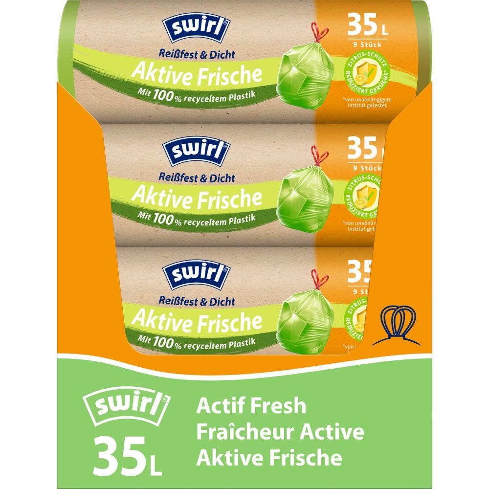 Melitta Swirl Aktive Frische Müllbeutel 35 l Reißfest & Dicht, Rolle mit 9 Beuteln, aus recyceltem Plastik. Gelbgrüne Verpackung mit Zitrussystem für Frische, Beschriftung auf Deutsch und Französisch.