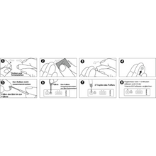 Lépésről-lépésre útmutató egy AllTest Vitamin-D tesztkészlet Rapid gyorsteszt | 1 darab az AllTest-től történő használatához. A lépések magukban foglalják egy kupak lecsavarását, egy négyzet alakú tárgy elhelyezését egy ujjon, egy ujj megnyomását, néhány csepp oldat felvitelét a tesztcsíkra és az eredmények összehasonlításának megvárását.