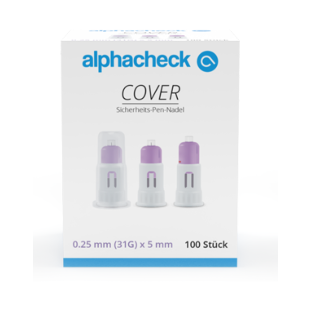 A képen egy fehér doboz látható "Alphacheck COVER biztonsági tolltűk" felirattal a Berger Med GmbH-tól. Három tűvédőkupak képe látható sorban, a méret 0,25 mm (31G) x 5 mm, 100 darabos mennyiségben, ahol az ultrafinom tűhegy a fokozott biztonság érdekében kiemelve van.