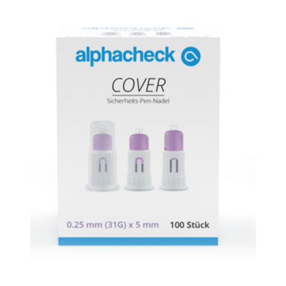 A képen egy fehér doboz látható "Alphacheck COVER biztonsági tolltűk" felirattal a Berger Med GmbH-tól. Három tűvédőkupak képe látható sorban, a méret 0,25 mm (31G) x 5 mm, 100 darabos mennyiségben, ahol az ultrafinom tűhegy a fokozott biztonság érdekében kiemelve van.