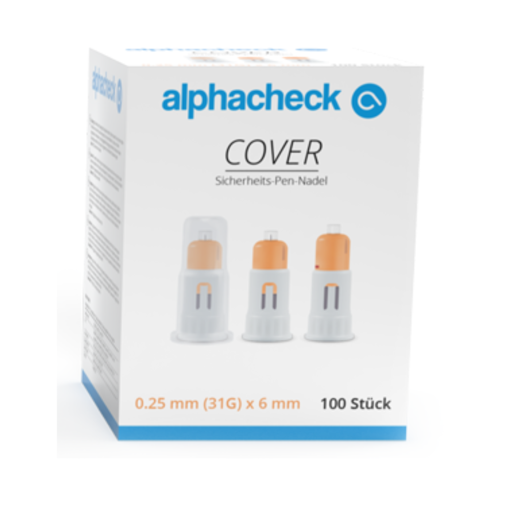 Egy fehér doboz "Alphacheck COVER biztonsági tolltűk, különböző méretek" felirattal a Berger Med GmbH-tól, amely 100 darab biztonsági tolltűt tartalmaz 0,25 mm (31G) x 6 mm méretben. A doboz három ultrafinom tűhegy ábrázolását mutatja különböző állapotokban - teljesen lefedve, részben felfedve és teljesen felfedve - látható német nyelvű szöveggel a csomagoláson.