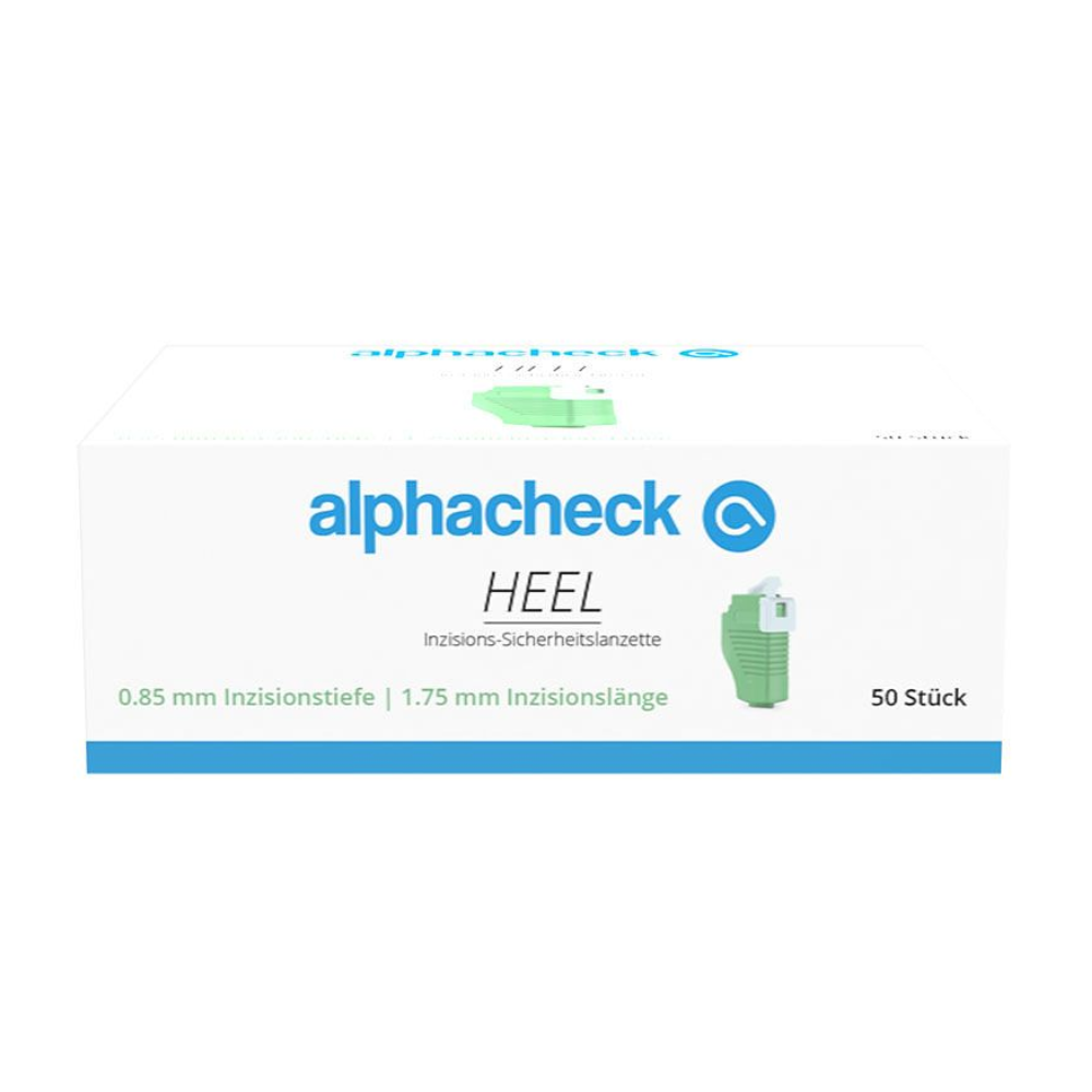 Egy fehér doboz a „Berger Med GmbH” márkanévvel zöld és kék betűkkel. Az Alphacheck HEEL bemetszés-biztonsági lándzsák terméket különböző méretekben „bemetszés-biztonsági lándzsaként” nevezik meg, a kapilláris vérvételhez 0,85 mm-es bemetszési mélységgel és 1,75 mm-es bemetszési hosszúsággal. A doboz 50 darabot tartalmaz.
