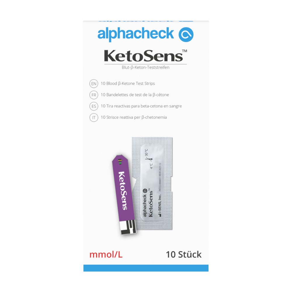 A kép az Alphacheck KetoSens vér-β-keton tesztcsíkok csomagolását mutatja | Csomag (10 darab). A túlnyomórészt fehér doboz kék és lila akcentusokkal 10 vér-β-keton tesztcsíkot tartalmaz, és többnyelvű információkat tartalmaz a használatról és a tartalomról, így kompatibilis a vércukormérőjével. Ez a termék a Berger Med GmbH-tól származik.
