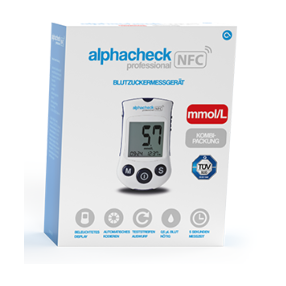 Egy doboz Alphacheck Professional NFC vércukorszintmérő készülék kombicsomagolás | Csomag (1 darab) hatékony diabéteszkezeléshez. A dobozon feltüntetik a készülék márkanevét és funkcióit, beleértve a mmol/L egységet, a megvilágított kijelzőt, az automatikus kódolást, a tesztcsík kidobását, 500 memóriahelyet és a többnyelvű támogatást. A márkanév Berger Med GmbH.