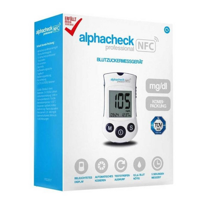 A kép az Alphacheck Professional NFC vércukorszintmérő készülék kombicsomagolás csomagolását mutatja | Csomag (1 darab). A doboz elején az Alphacheck Professional NFC vércukorszintmérő készülék képe látható, amely 105 mg/dL értéket mutat. A doboz különböző címkéket és szimbólumokat tartalmaz, amelyek kiemelik a diabéteszkezelési funkciókat és az NFC-technológia integrációját. Márkanév: Berger Med GmbH.