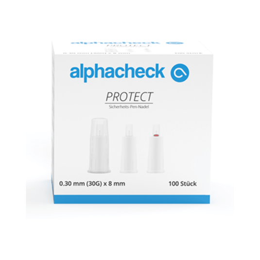 Egy fehér doboz kék szöveggel, amelyen az „Alphacheck PROTECT biztonsági tolltűk, különböző méretek” és „biztonsági tolltű” felirat olvasható. A doboz, amely inzulin injekciókhoz van tervezve, 100 darab 0,30 mm (30G) x 8 mm biztonsági tolltűt tartalmaz. A doboz elején három biztonsági tolltű látható különböző szerelési állapotokban. Márkanév: Berger Med GmbH