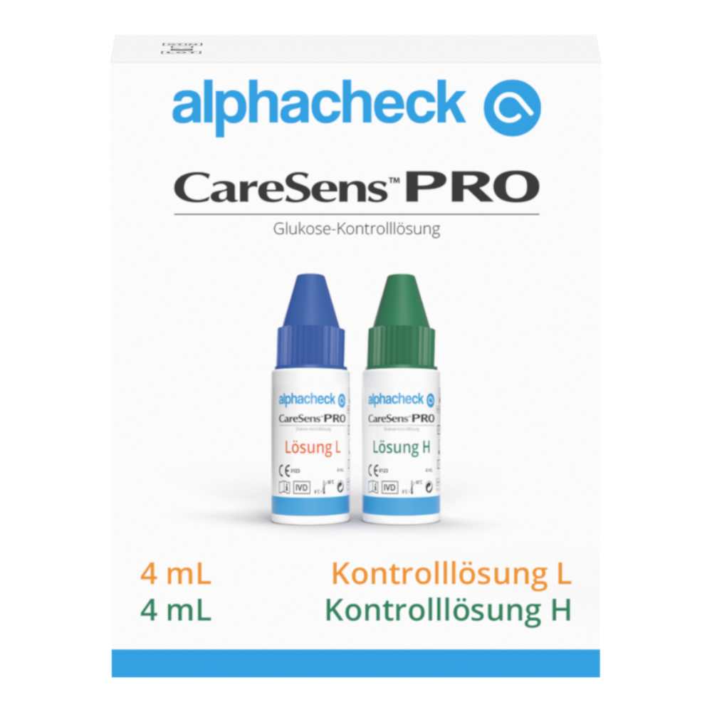 A kép egy fehér dobozt mutat, amelyen a „Berger Med GmbH Alphacheck CareSens PRO Kontrolllösung L+H | Packung (2 Fläschchen)” felirat olvasható, ideális gyakorlómérésekhez vércukorszintmérőkkel. Két kis üvegcsét tartalmaz, egy kék kupakkal, amelyen „Lösung L” felirat van, és egy zöld kupakkal, amelyen „Lösung H” felirat van, mindegyik 4 ml-t tartalmaz.