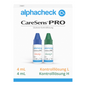 A kép egy fehér dobozt mutat, amelyen a „Berger Med GmbH Alphacheck CareSens PRO Kontrolllösung L+H | Packung (2 Fläschchen)” felirat olvasható, ideális gyakorlómérésekhez vércukorszintmérőkkel. Két kis üvegcsét tartalmaz, egy kék kupakkal, amelyen „Lösung L” felirat van, és egy zöld kupakkal, amelyen „Lösung H” felirat van, mindegyik 4 ml-t tartalmaz.
