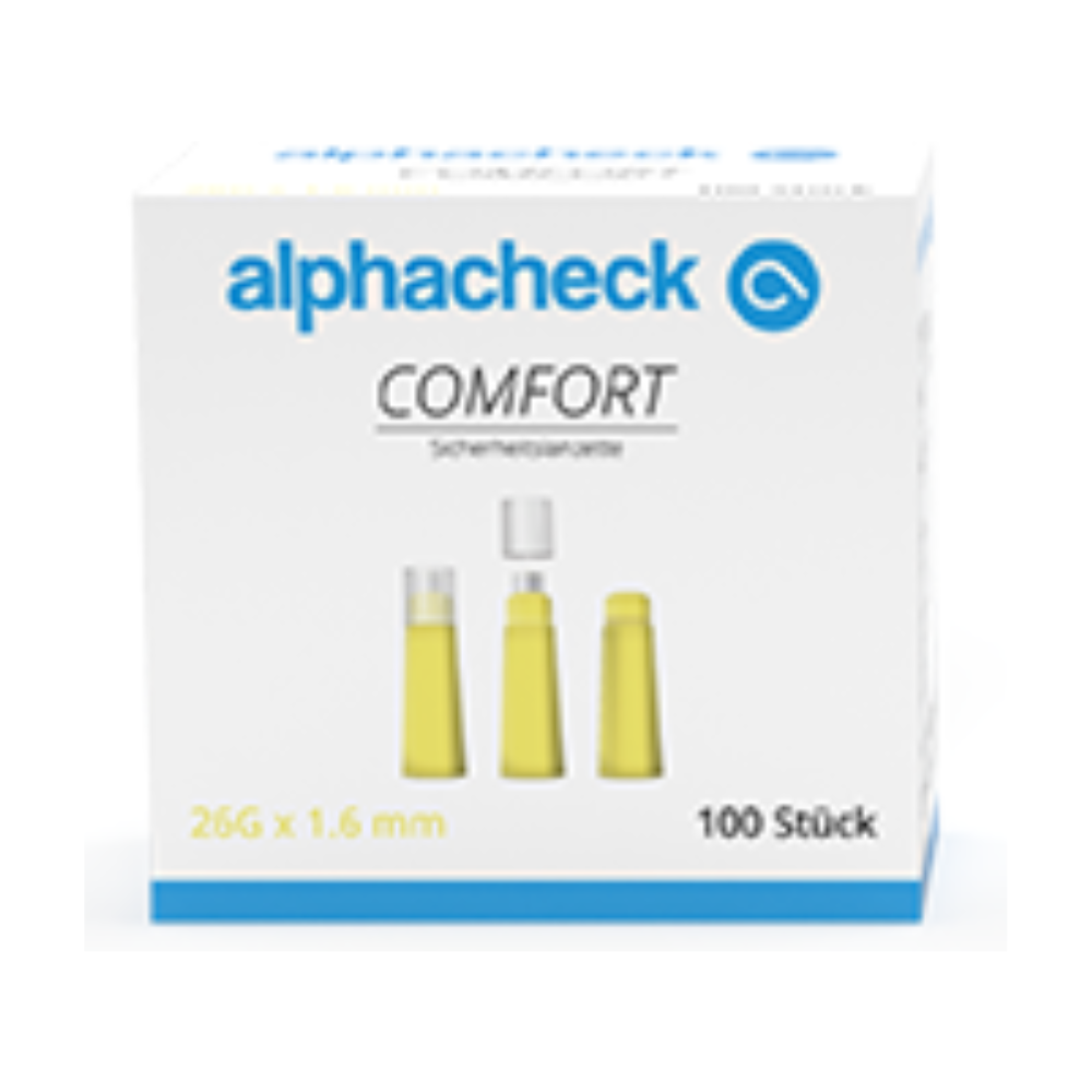 Egy fehér doboz „Alphacheck comfort biztonsági lándzsák“ felirattal a Berger Med GmbH-tól 100 darab 26G x 1,6 mm méretű biztonsági lándzsát tartalmaz. A doboz elején sárga lándzsák láthatók, amelyek három különböző stádiumban vannak bemutatva – felhelyezett, részlegesen eltávolított és teljesen eltávolított sapkával, amelyek kíméletes vérvételt biztosítanak nagy sebességű szúrással (fájdalommentes vérvétel nagy sebességű szúrással).