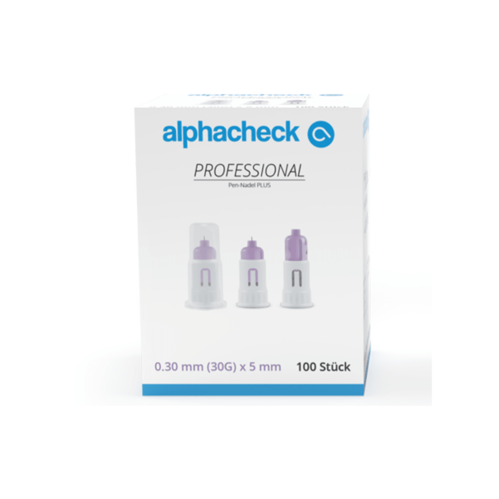 Egy doboz Alphacheck Professional Pen-tű PLUS, különböző méretekben, inzulinbeadásokhoz. A dobozon a steril tűk képe látható, és feltüntetik a méretet: 0,30 mm (30G) x 5 mm. A doboz 100 darabot tartalmaz, gyártója a Berger Med GmbH.