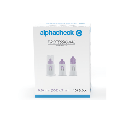 Egy doboz Alphacheck Professional Pen-tű PLUS, különböző méretekben, inzulinbeadásokhoz. A dobozon a steril tűk képe látható, és feltüntetik a méretet: 0,30 mm (30G) x 5 mm. A doboz 100 darabot tartalmaz, gyártója a Berger Med GmbH.