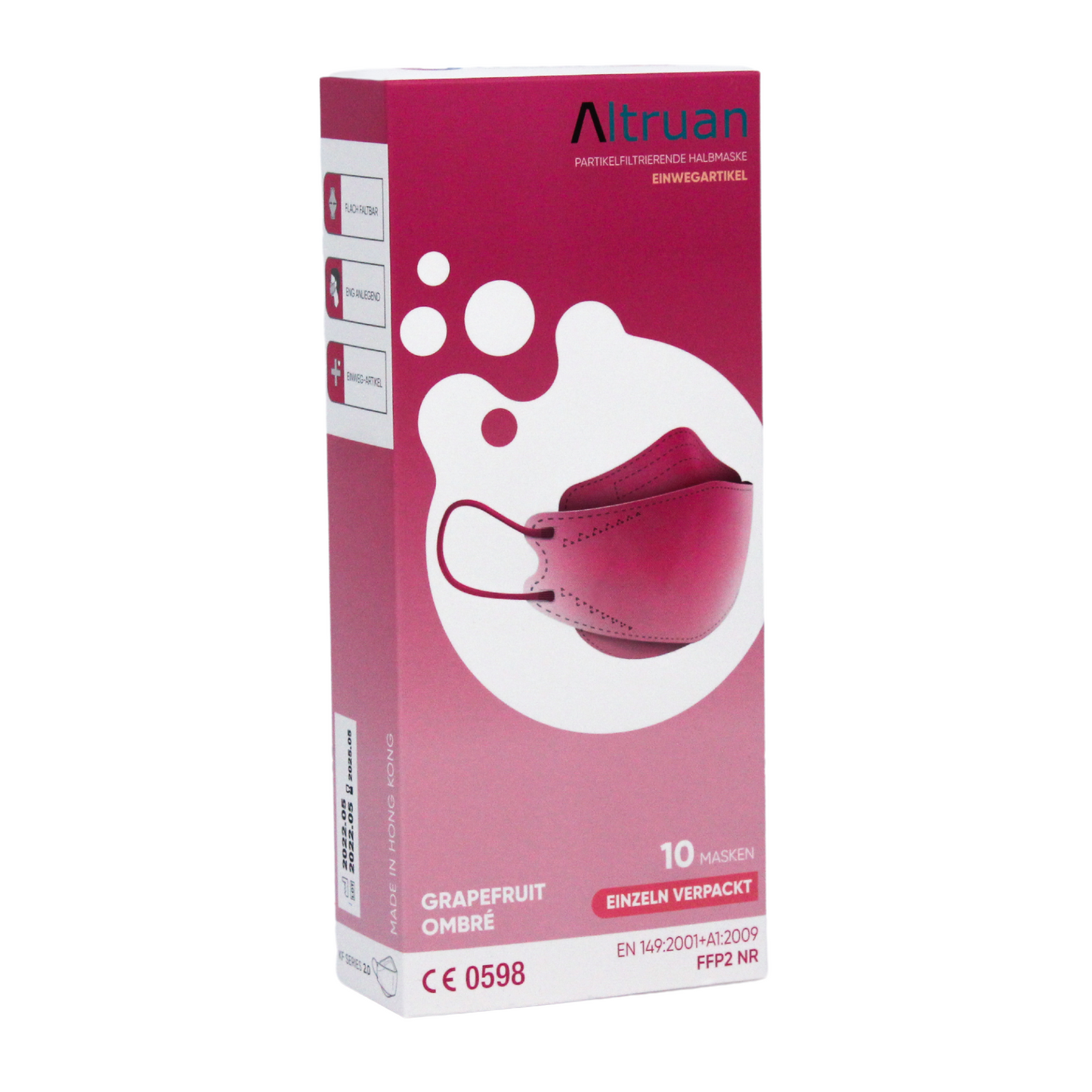 Das Bild zeigt eine Schachtel Altruan Designer Gesichtsmaske Partikelfiltrierend mit einem Grapefruit-Ombré-Design. Die überwiegend rosa-weiße Verpackung zeigt auf der Vorderseite eine Grafik der Masken und gibt an, dass die Schachtel 10 einzeln verpackte FFP2 NR-Masken enthält, die dem FFP2-Standard entsprechen.