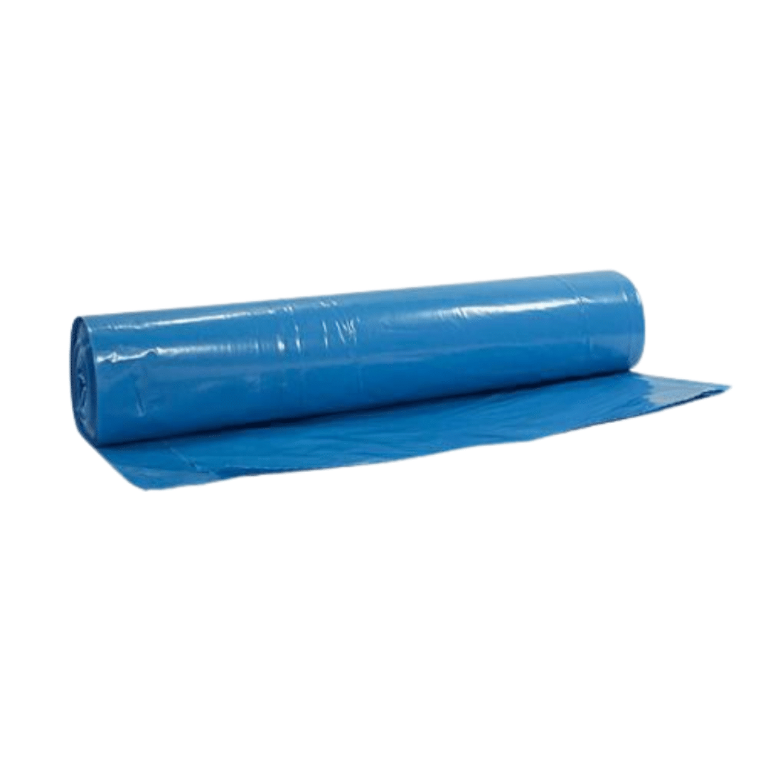 Eine teilweise abgerollte Rolle blauer Kunststofffolien aus dem Auslaufartikel der AMPri Handelsgesellschaft mbH: AMPri Müllbeutel Clean-Comfort 70 Liter (Packung mit 100 Stück) ist auf weißem Hintergrund abgebildet, ideal für den Einsatz in hygienischen Müllbeutelanwendungen.