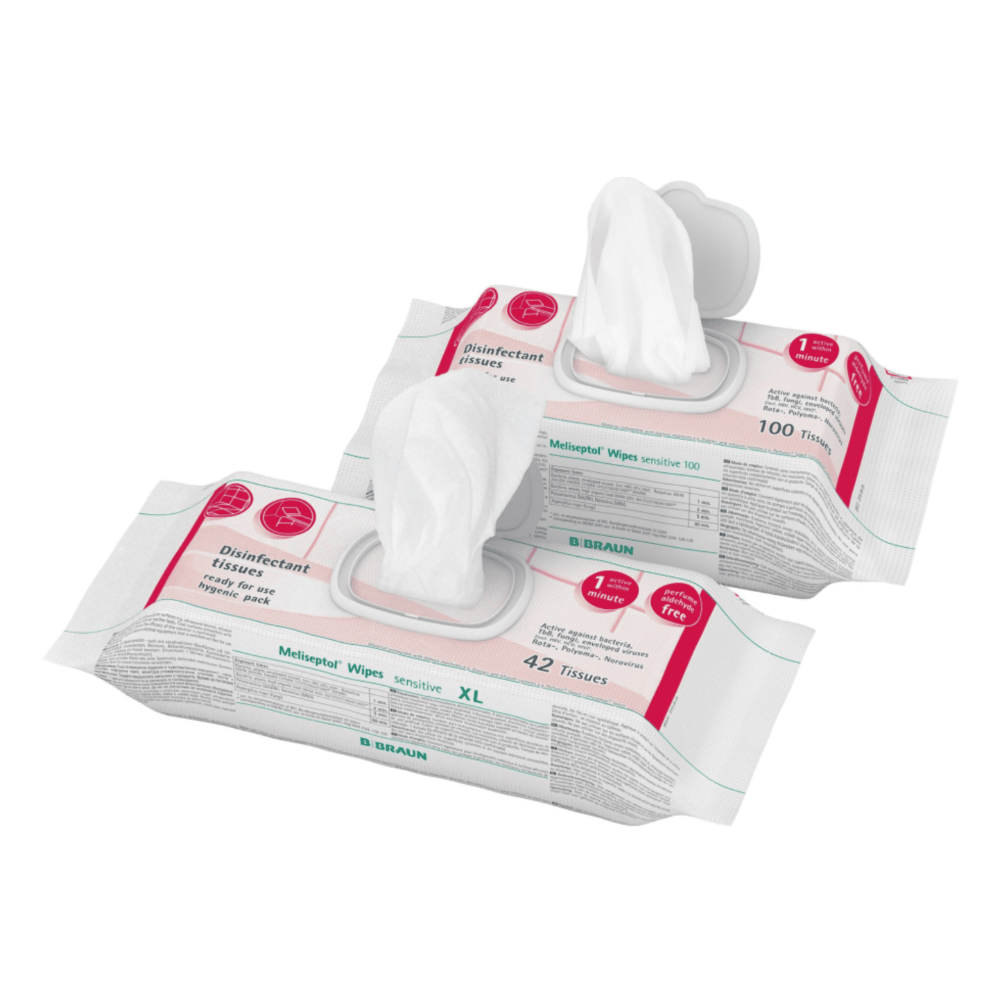 Két csomag B. Braun Meliseptol® Wipes sensitive fertőtlenítő kendőt állítanak ki. Az első csomag, amelyet a B. Braun Deutschland GmbH & Co. KG kínál, 100 kendőt tartalmaz, a második csomag, XL-ként jelölve, 42 kendőt tartalmaz. Mindkét csomag fehér, és szöveggel és logókkal van nyomtatva. Tökéletes a gyors fertőtlenítéshez, minden csomag részben kihúzott kendőt tartalmaz a könnyű hozzáférés érdekében.