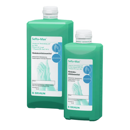 Két zöld palack B. Braun Softa-Man® kézfertőtlenítőt állítanak ki, amelyek német nyelvű feliratokkal vannak ellátva. Mindegyik palack fehér kupakkal és kék-fehér címkével rendelkezik, amelyen kezek ábrázolása látható. A márkanév „B. Braun Deutschland GmbH & Co. KG” jól látható alul, kiemelve a vállalat elkötelezettségét a bőrbarátság iránt.