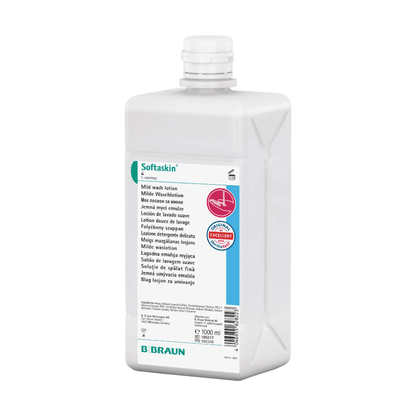 Egy téglalap alakú fehér műanyag flakon a B. Braun Deutschland GmbH & Co. KG-től az elülső oldalán a „B. Braun Softaskin® Waschlotion” feliratú címkét viseli több nyelven. Egy piros pecsét a „Kiváló” minőséget jelzi, és kiemeli a mikroplasztikmentes formulát. A csavaros kupakkal ellátott flakon 1000 ml űrtartalmú.