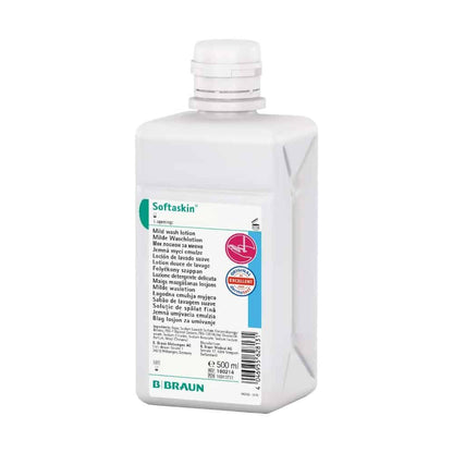 A „B. Braun Softaskin® Waschlotion” feliratú, 500 ml-es fehér flakon a B. Braun Deutschland GmbH & Co. KG-től egy enyhe, környezetbarát és mikroplasztikmentes mosakodókrémet tartalmaz, és kék-fehér címkével van ellátva, többnyelvű szöveggel.