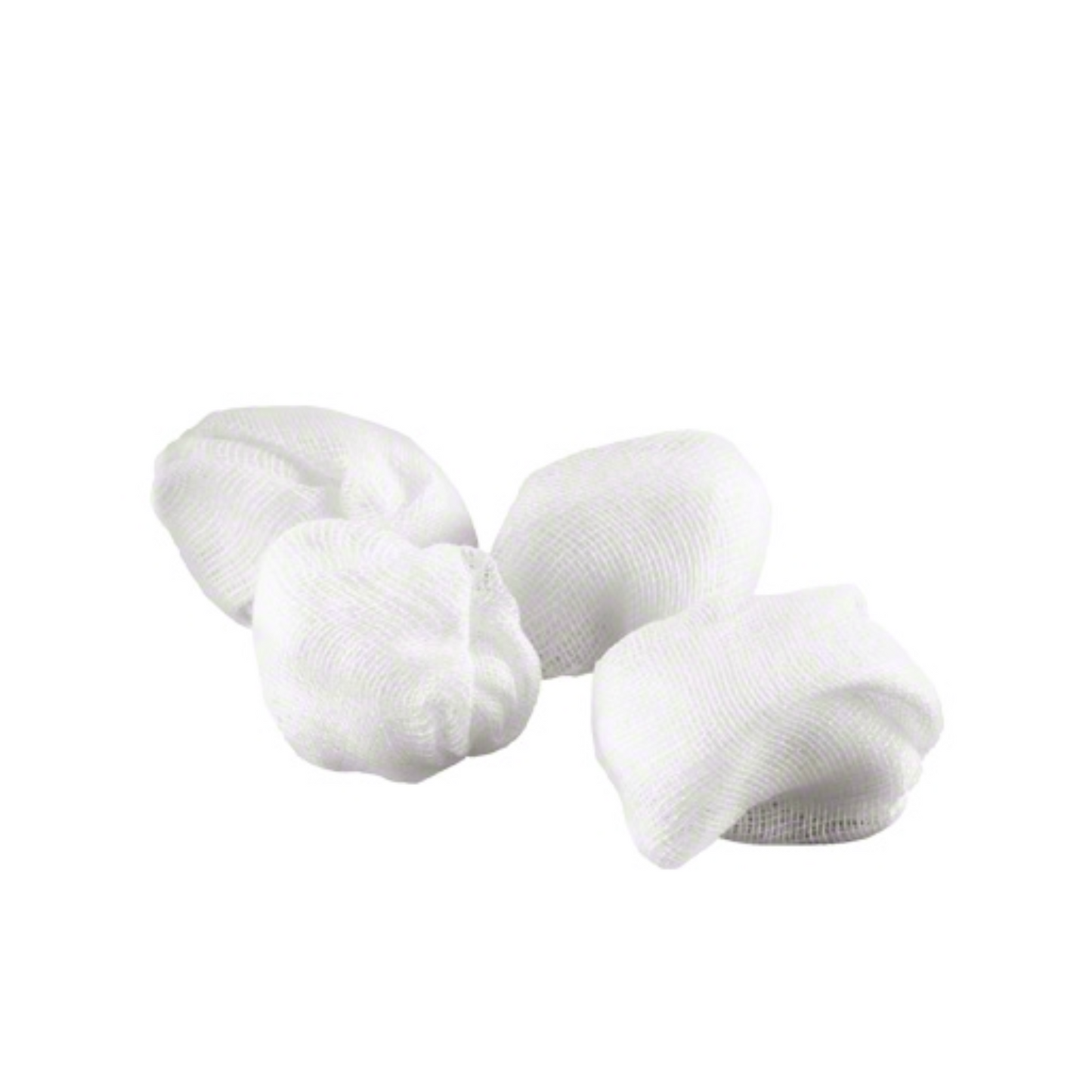 Négy B. Braun Askina® szilvamag nagyságú steril tampon a B. Braun Deutschland GmbH & Co. KG-től egyszerű fehér háttér előtt van elrendezve, ideális steril orvosi alkalmazásokhoz.