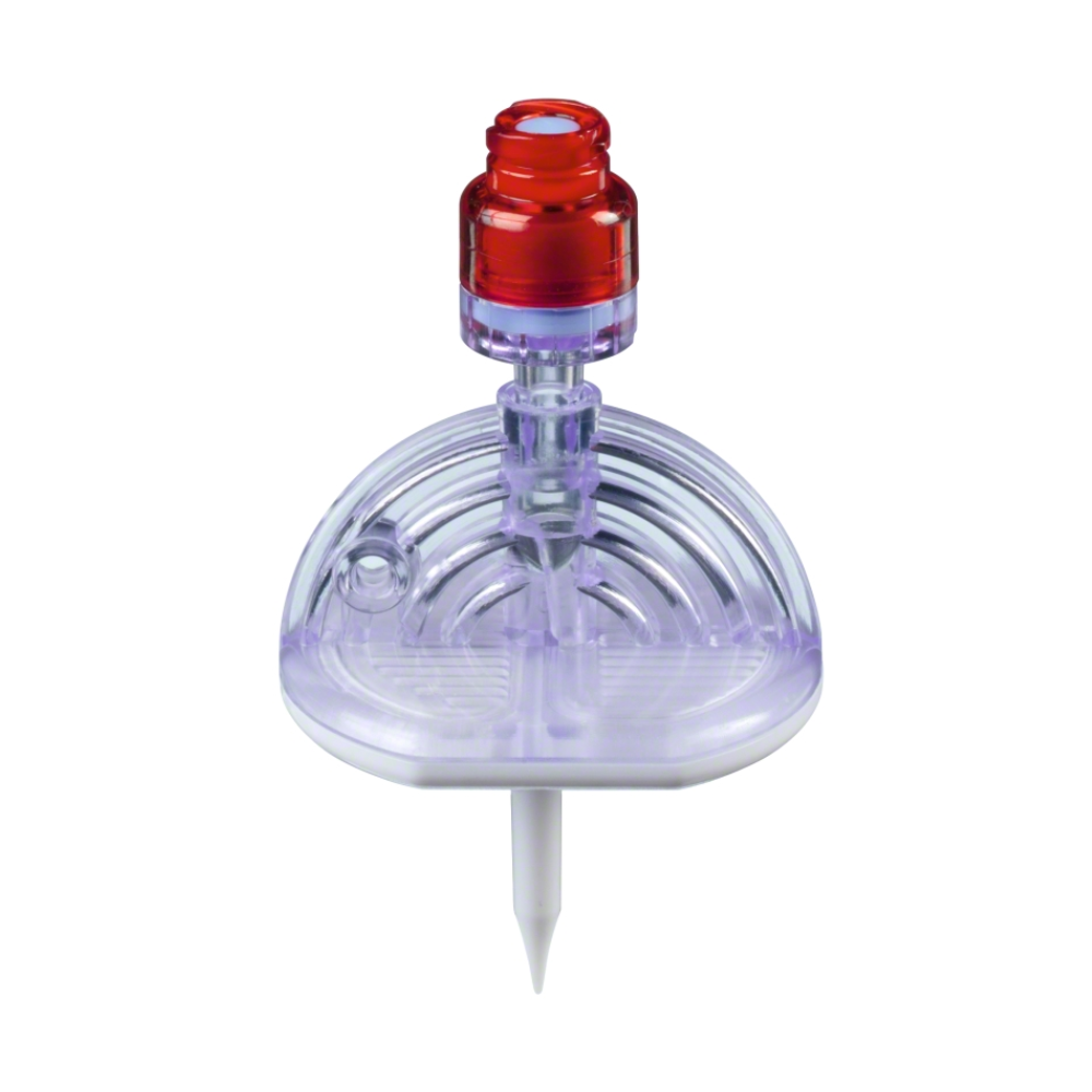 A B.Braun Mini-Spike® 2 Chemo kivételi és befecskendező tüske, amelyet a B. Braun Deutschland GmbH & Co. KG gyárt, átlátszó, domború műanyag kialakítással rendelkezik, feltűnő piros csúccsal és jellegzetes fehér alappal. Kör alakú mintázatú kupolája kiegészíti az üreges középső oszlopot, amely könnyedén kapcsolódik a piros csúcshoz, amely egy integrált Safeflow-szelepet tartalmaz a biztonság növelése érdekében.
