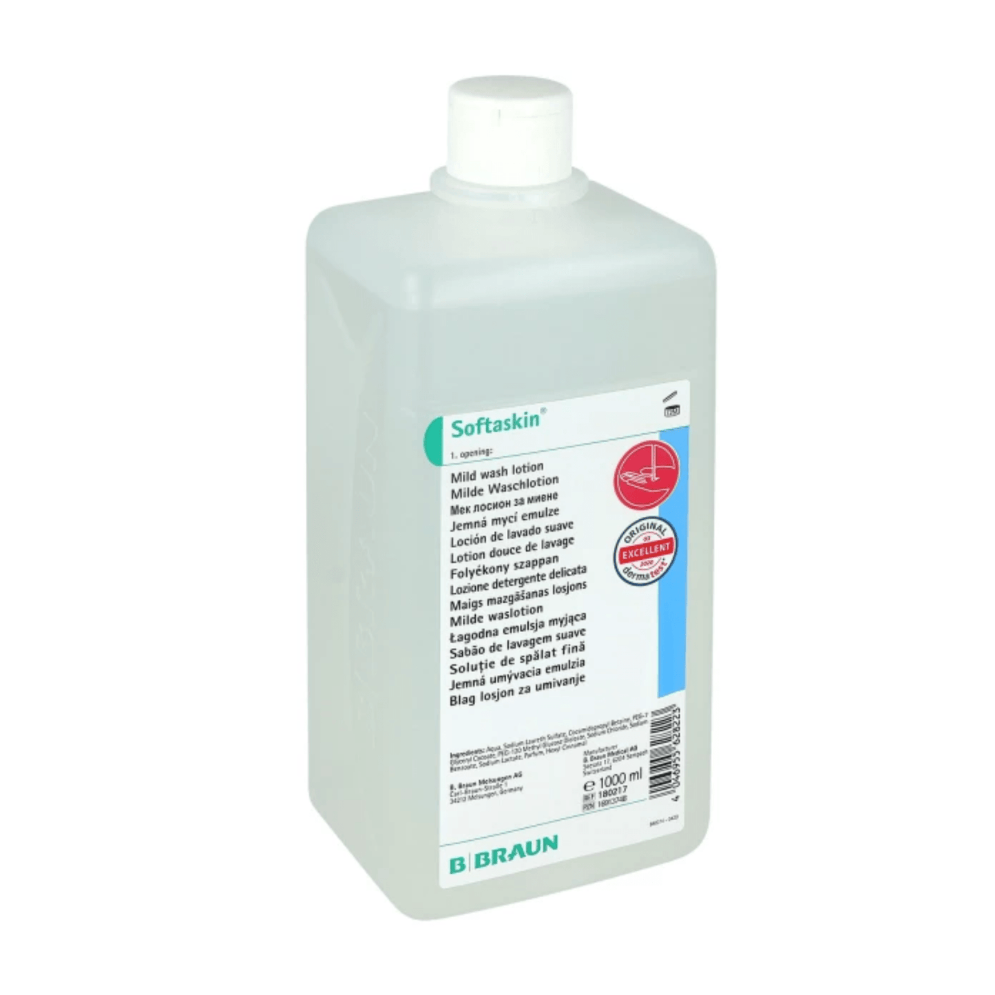 A B. Braun Softaskin® Waschlotion környezetbarát, téglalap alakú fehér flakonja a B. Braun Deutschland GmbH & Co. KG-től az elülső címkén többnyelvű szöveget mutat, és forgózárral rendelkezik. 1000 ml enyhe mosakodókrémet tartalmaz, és hangsúlyozza elkötelezettségét a mikroplasztikmentes termékek iránt a környezettudatos választás érdekében.