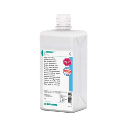 A 1000 ml-es „B. Braun Softaskin® Waschlotion” flakon fehér színű és többnyelvű címkével rendelkezik, amely a gyengéd és környezetbarát formulára utal. Csavaros kupakkal rendelkezik, és az alján a „B. Braun Deutschland GmbH & Co. KG” felirat található. Kiváló választás azok számára, akiknek fontosak a mikroplasztikmentes termékek.