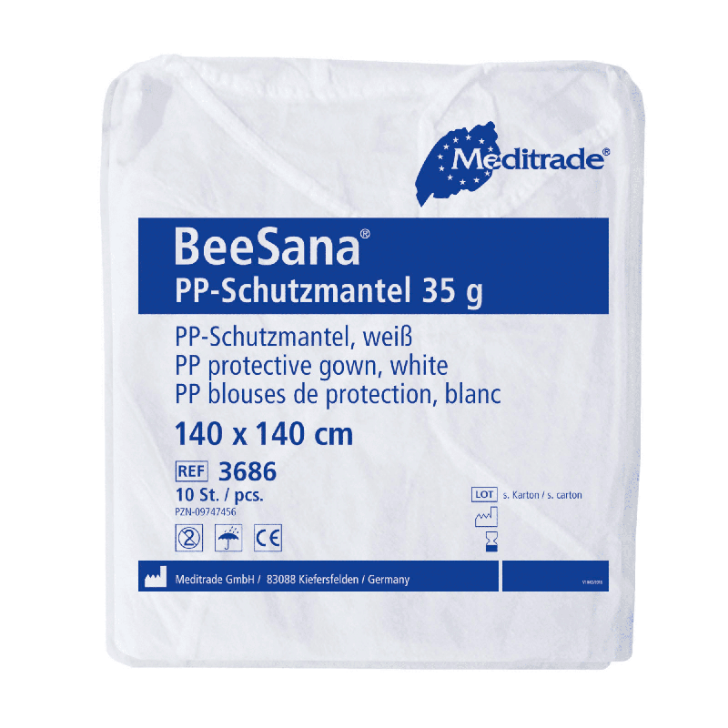 Csomagolás a Meditrade BeeSana® PP-védőköpenyhez 35g, egy fehér védőköpeny a Meditrade GmbH kórházi használatára. A csomagolás mérete 140 x 140 cm, és ideális egyszeri használatra. Összesen 100 darabot tartalmaz csomagonként.
