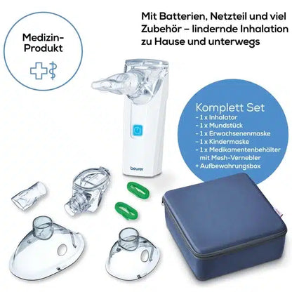 A Beurer Inhalator To Go IH 5, a Beurer GmbH terméke, fejlett rezgőmembrán-technológiával rendelkezik, és fontos kiegészítők, mint például egy szájrész, felnőtt és gyermek maszkok, egy gyógyszertartály és egy háló kísérik. Egyszerű karbantartás érdekében öntisztító funkcióval rendelkezik. A csomag tartalmaz elemeket, egy hálózati adaptert és egy hordtáskát – tökéletes otthoni vagy utazási használatra.