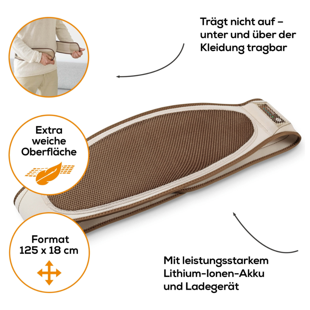 A kép egy személyt mutat, aki egy bézs színű Beurer HK 72 hordozható melegítőövet köt az övére. A Beurer GmbH öve strukturált felülettel rendelkezik, és úgy van tervezve, hogy ruházat alatt vagy felett is viselhető legyen. Extra puha felülettel rendelkezik, mérete 125 x 18 cm, és egy nagy teljesítményű lítium-ion akkumulátorral van felszerelve, amely gyors fűtési funkcióval rendelkezik.