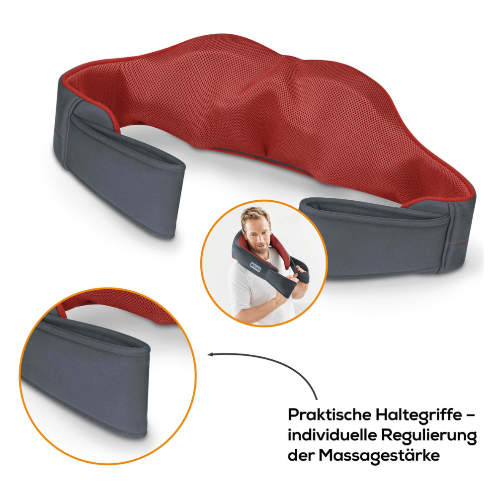 Abgebildet ist ein rot-schwarzes Beurer MG 151 3D Shiatsu-Massagegerät mit praktischen Griffen. Ein eingefügtes Bild demonstriert, wie man mit den Griffen die Massagestärke anpasst, während 3D-Massageköpfe für eine tiefere, individuellere Entspannungsmassage sorgen. Der deutsche Text lautet „Praktische Haltegriffe – individuelle Regulierung der Massagestärke.“