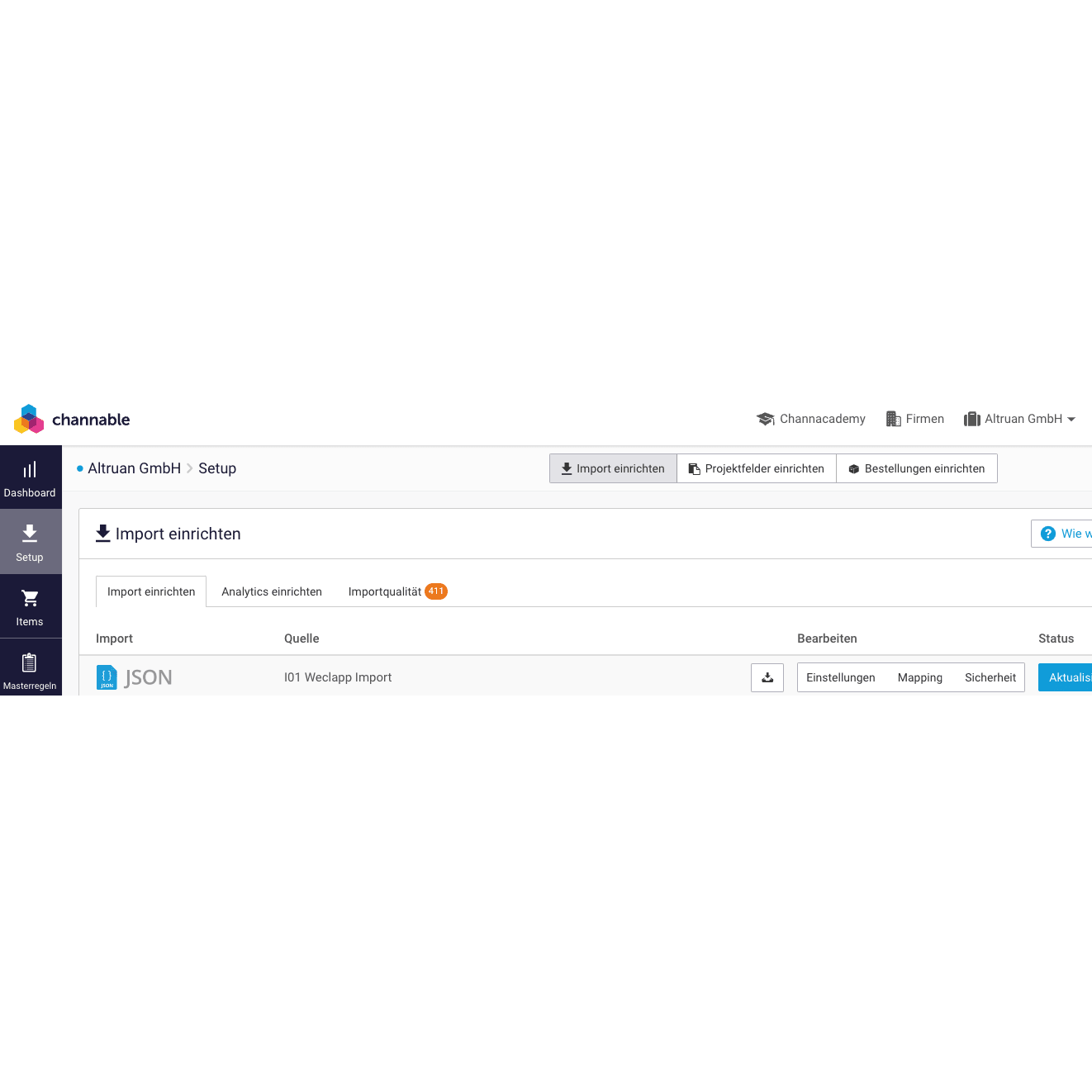 Az Altruan felület képernyőképe, amelyen a bal oldalon navigációs mezők láthatók, és az ArtikelMeister-feed: Weclapp Cikk JSON / CSV Feed beállítások jelennek meg, olyan opciókkal, mint az „Import beállítása”, „Analitika beállítása” és fókuszálva
