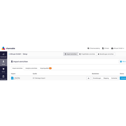 Az Altruan felület képernyőképe, amelyen a bal oldalon navigációs mezők láthatók, és az ArtikelMeister-feed: Weclapp Cikk JSON / CSV Feed beállítások jelennek meg, olyan opciókkal, mint az „Import beállítása”, „Analitika beállítása” és fókuszálva
