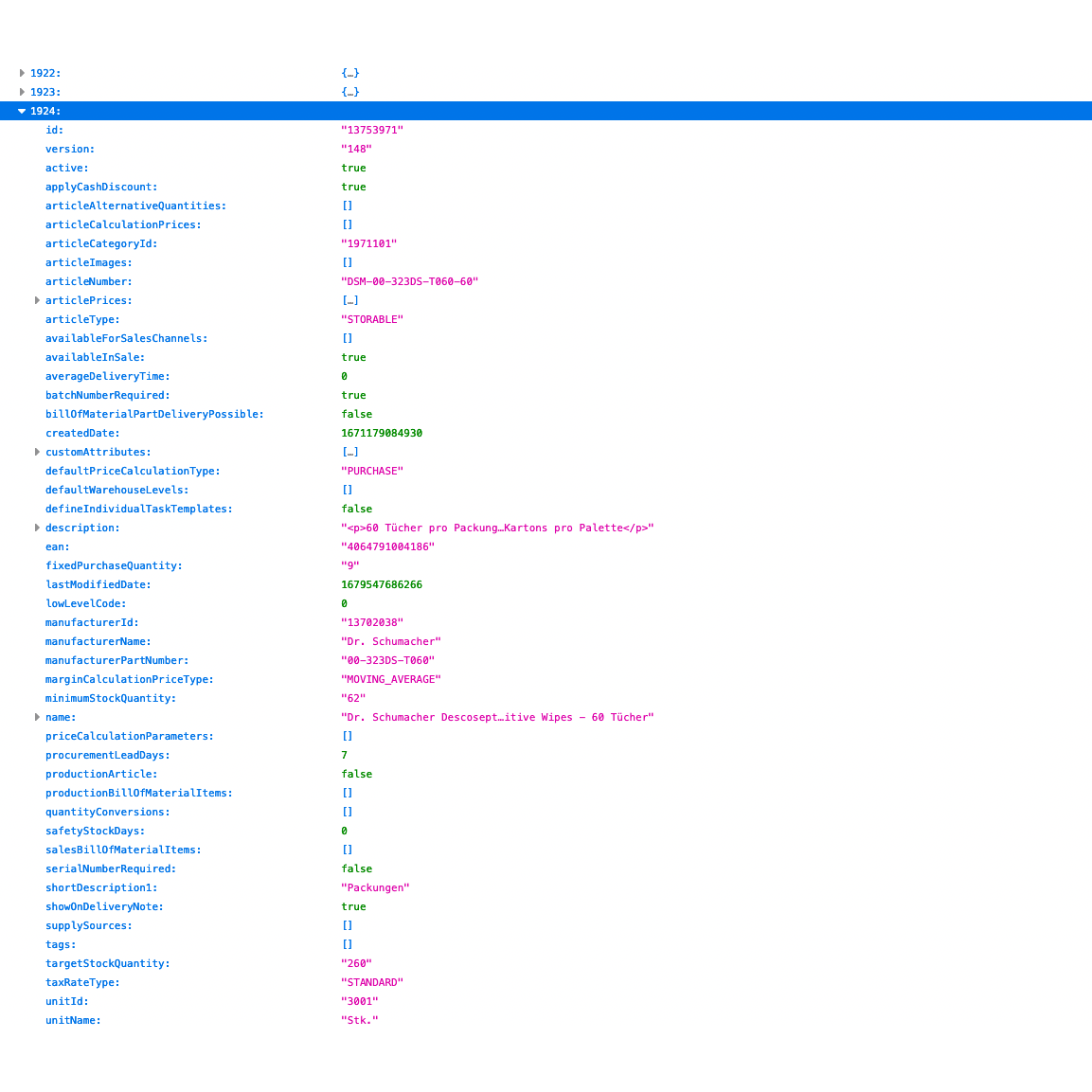 Szövegalapú fotó egy információs tábla elrendezéséről, amely egy weboldal konfigurációját mutatja Altruan ArtikelMeister Feed-del: Weclapp Cikk JSON / CSV Feed. Több mezőt tartalmaz, mint például az „id”, „type” és