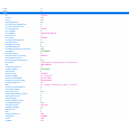 Szövegalapú fotó egy információs tábla elrendezéséről, amely egy weboldal konfigurációját mutatja Altruan ArtikelMeister Feed-del: Weclapp Cikk JSON / CSV Feed. Több mezőt tartalmaz, mint például az „id”, „type” és