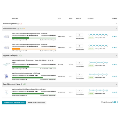 Egy Shopify B2B rendelési eszköz képernyőképe az Altruantól, amely orvosi kellékeket, mint sebtapaszok, kesztyűk és fertőtlenítőszerek képekkel, mennyiségekkel, ügyfél-specifikus árakkal és egy 0,00 € összeggel mutat.