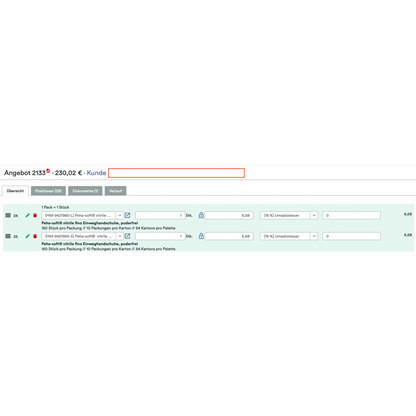 Egy német WooCommerce B2B interfész az Altruantól mutatja a "Shopify B2B rendelési eszköz: rendelési eszköz rendelési emlékeztetőkkel és ügyfél-specifikus árakkal" lehetőségekkel, mint mennyiség, csomagolás, adókulcs, egyedi árak; teljes ajánlat: 230,02 € két termékre.