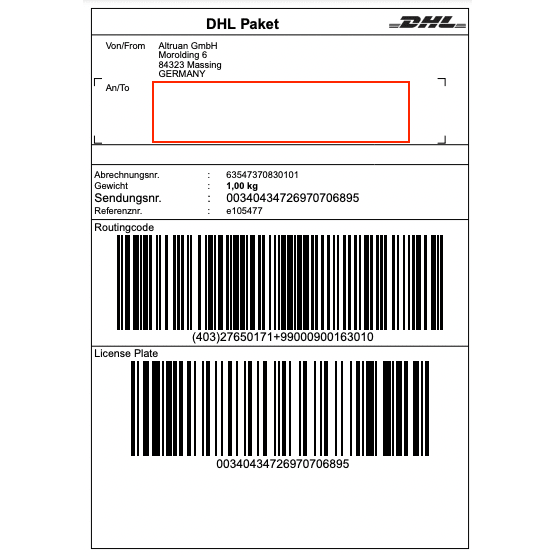 Egy DHL címke az Altruan GmbH-tól (Morolding 6, 84323 Massing, Németország), amely vonalkódokat és 1,00 kg súlyt tartalmaz a 00340434276970706895 nyomkövetési számmal. A címzett címe a PackMaster alkalmazáson keresztüli frissítésekhez üres: Weclapp Logisztikai Csomagoló Alkalmazás a szállítási címkék hatékonyságának javítására.