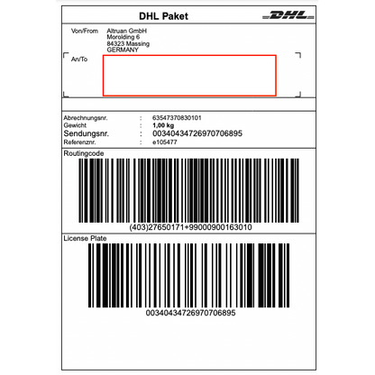 Egy DHL címke az Altruan GmbH-tól (Morolding 6, 84323 Massing, Németország), amely vonalkódokat és 1,00 kg súlyt tartalmaz a 00340434276970706895 nyomkövetési számmal. A címzett címe a PackMaster alkalmazáson keresztüli frissítésekhez üres: Weclapp Logisztikai Csomagoló Alkalmazás a szállítási címkék hatékonyságának javítására.
