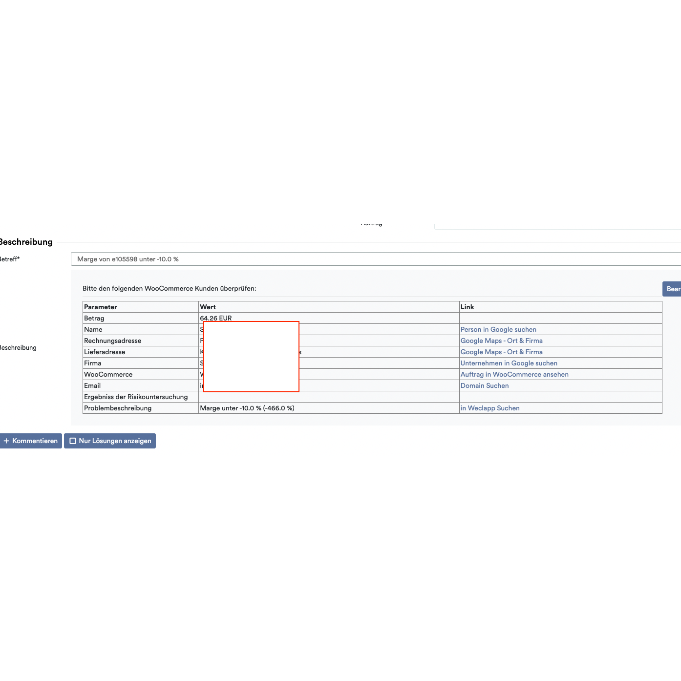 Egy weboldal képernyőképe, amely egy számlázási részletező űrlapot mutat, mezőkkel, mint összeg, számlázási cím és mások „Számla alapú vásárlás” esetén, piros négyzettel kiemelve egy üres szakaszt az Altruan OrderGuardian: Weclapp rendelés-ellenőrző rendszer használatával.