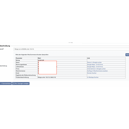 Egy weboldal képernyőképe, amely egy számlázási részletező űrlapot mutat, mezőkkel, mint összeg, számlázási cím és mások „Számla alapú vásárlás” esetén, piros négyzettel kiemelve egy üres szakaszt az Altruan OrderGuardian: Weclapp rendelés-ellenőrző rendszer használatával.
