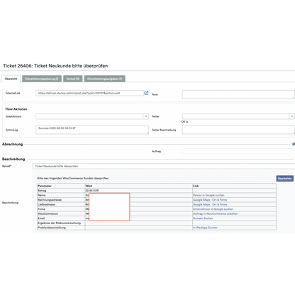 Egy felhőszolgáltatás jegyrendszerének felületének képernyőképe, ahol különböző mezők, mint „Jegyrészletek”, „Napló” és „Ügyfél” láthatók, egy tranzakció adataival, beleértve a tételköltségeket, piros mezőben kiemelve. Az Altruan OrderGuardian használatával.