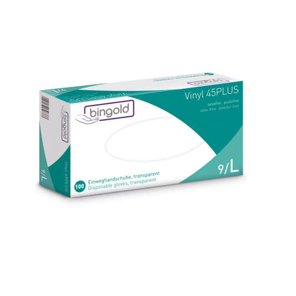 Egy doboz Bingold Vinyl 45PLUS eldobható kesztyű, 9/L méret, a BINGOLD GmbH + Co. KG-tól. A csomagolás túlnyomórészt fehér zöld és kék akcentussal, latex alternatívaként és púdérmentesként van megjelölve. 100 átlátszó vinyl kesztyűt tartalmaz.
